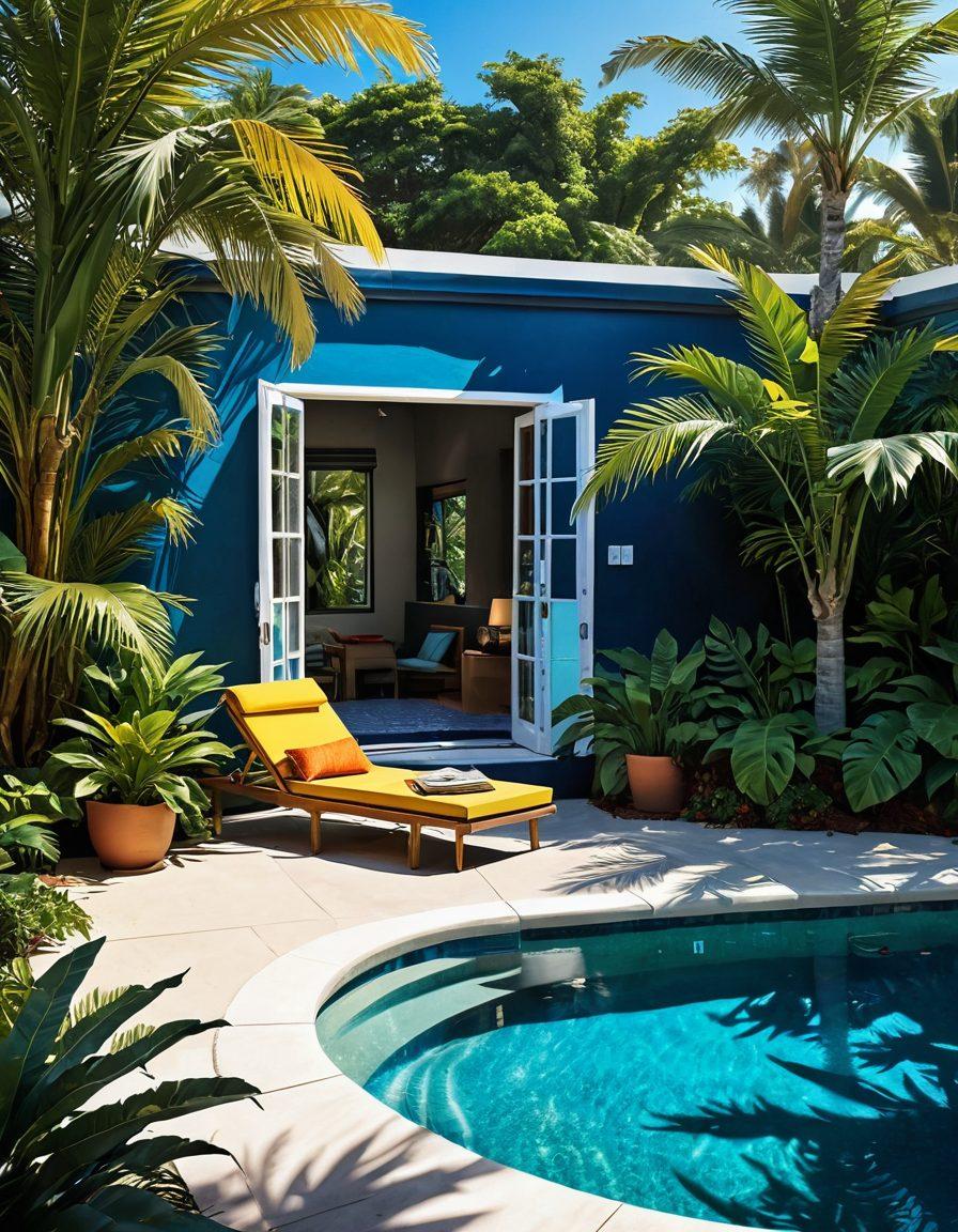 A beautifully illustrated scene featuring a cozy poolside setting with an open graphic novel propped up on a lounge chair. In the background, lush tropical plants and a sparkling blue pool create an inviting atmosphere. The graphic novel's pages are adorned with colorful, seductive artwork that evokes the allure of erotic storytelling. The sun casts warm golden rays, enhancing the vibrant colors and inviting the viewer to dive into this alluring world. vibrant colors. super-realistic. tropical atmosphere.