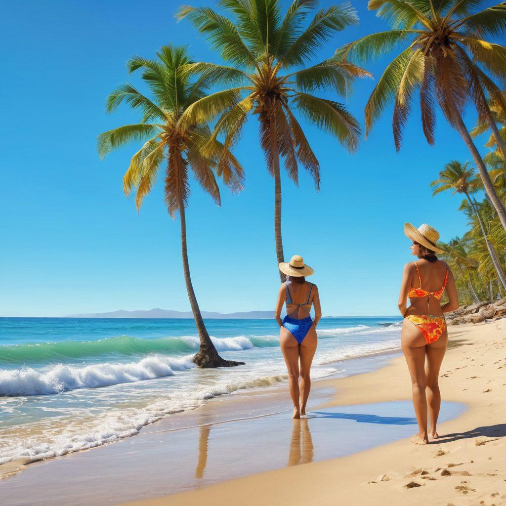 A captivating scene at a sunlit beach with diverse mature individuals elegantly wearing stylish swimwear, engaged in artistic expression through painting and photography. Vibrant colors capture the essence of creativity and summer, while the ocean waves gently lap at the shore, reflecting the joyful atmosphere. The background features lush palm trees and a clear blue sky, adding to the serene vibe. Include abstract art pieces scattered around, showcasing different storytelling techniques. super-realistic. vibrant colors. 3D.
